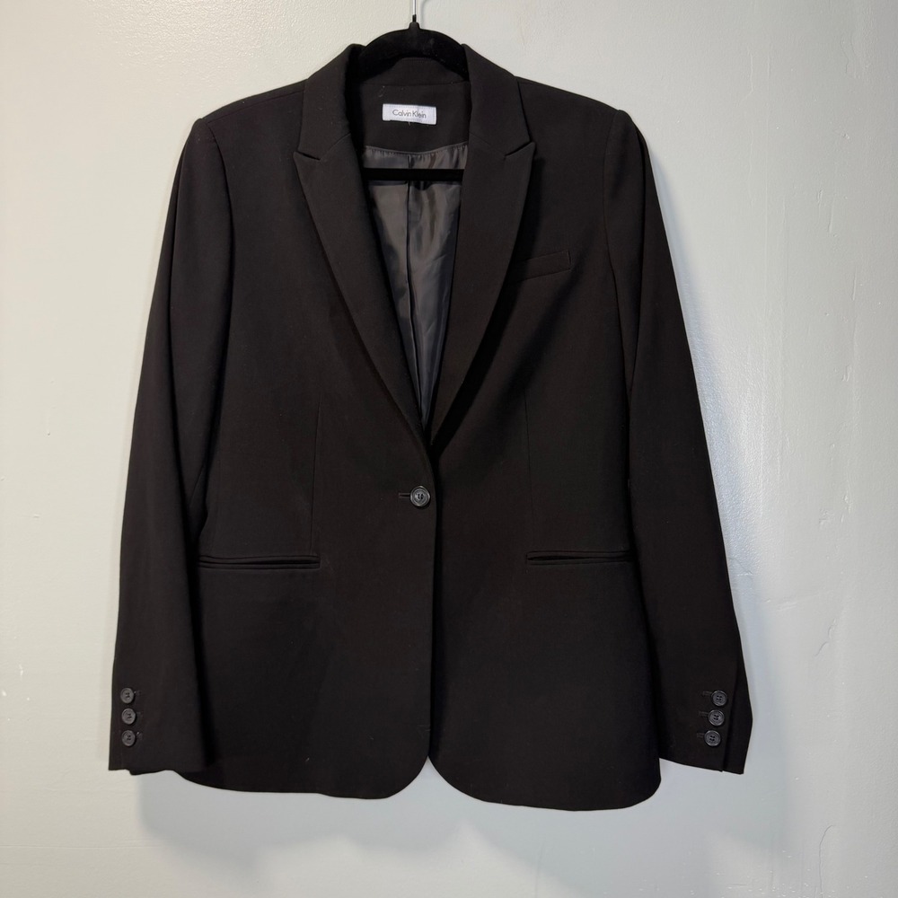 Calvin Klein Womens One Button Blazer Jacket Black Professional Career Office